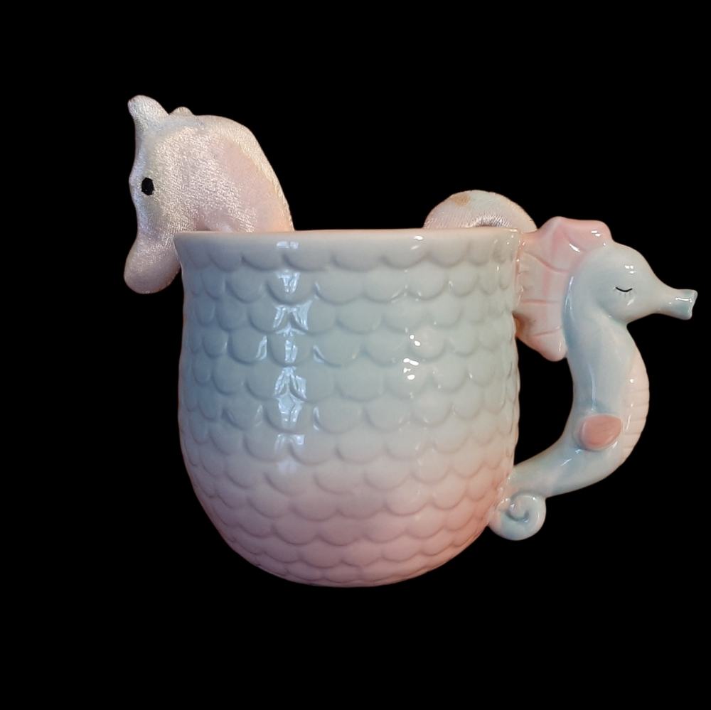 Coffee Mug Whimsical Seahorse with Ty Beanie Baby Seahorse